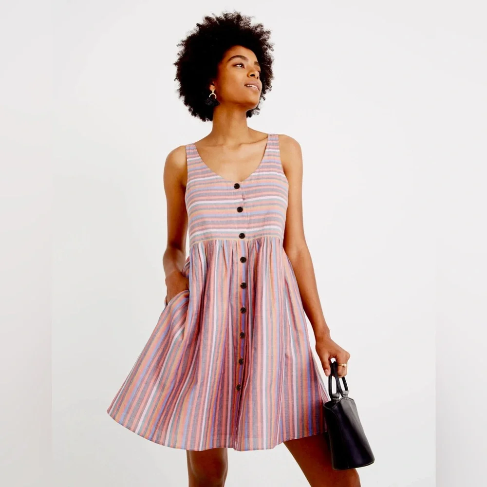 MADEWELL Scoopneck Tank Mini Dress in Rainbow Stripe Women’s Size Small